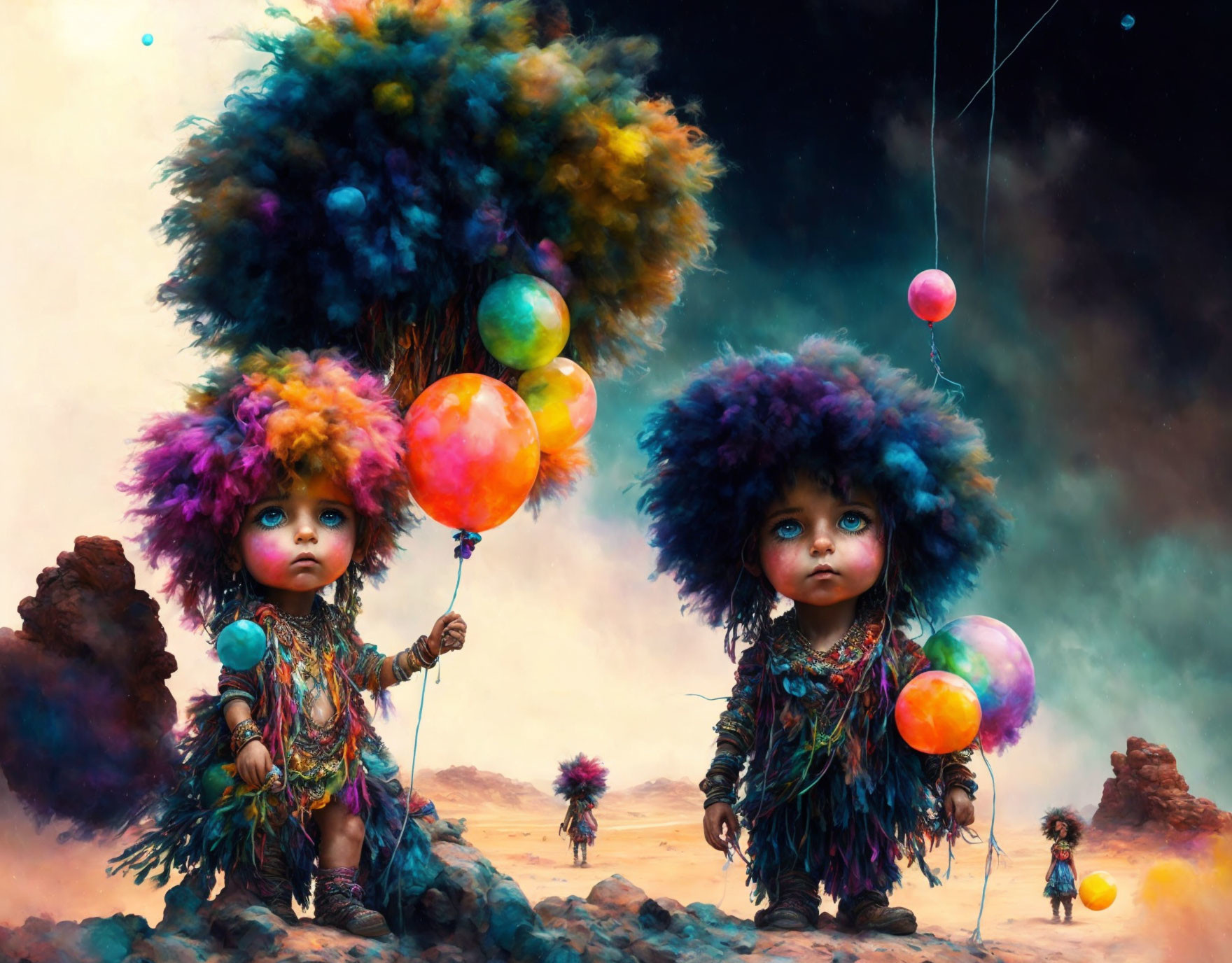 Colorful Creatures with Balloons in Dreamy Landscape