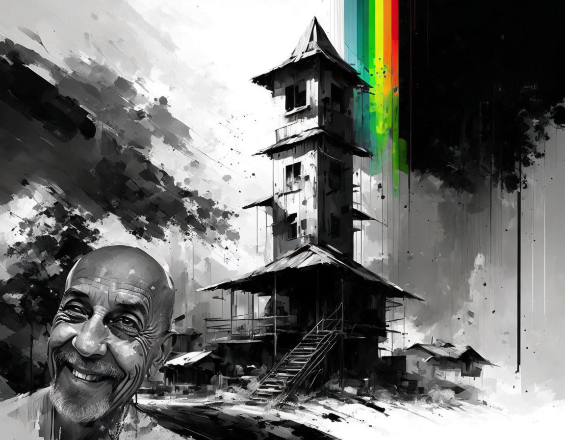 Monochrome artwork featuring smiling man's face and colorful streaks