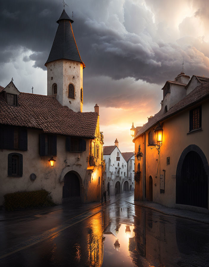 European village street at dusk with church tower, historic buildings, and street lamps on wet cobblestone