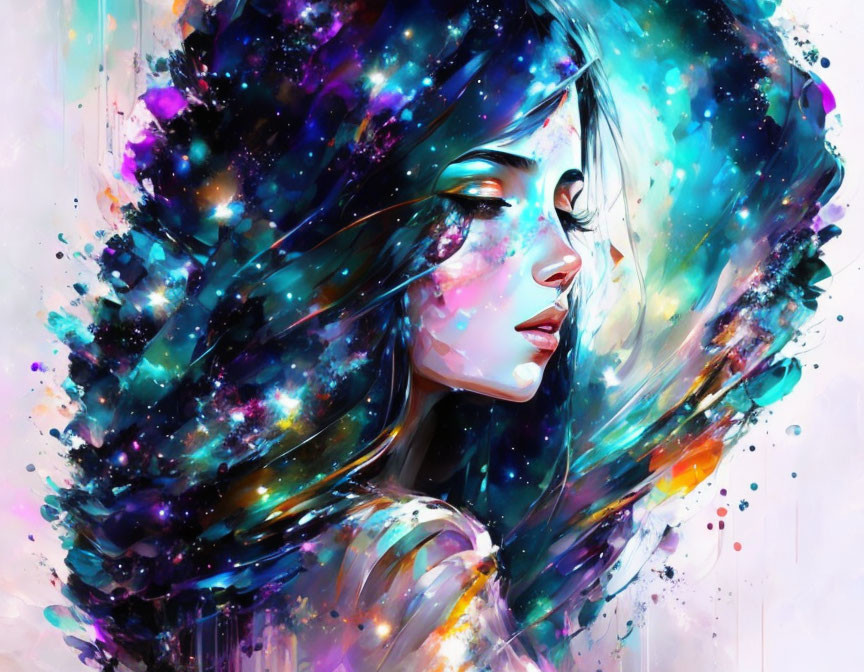 Vibrant digital artwork: woman with cosmic hair on abstract background