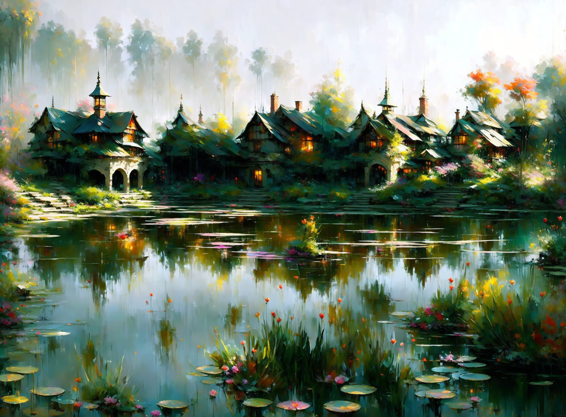 Tranquil village scene with pond, greenery, and flowers