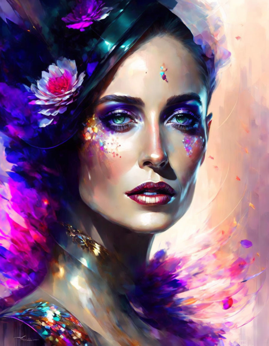 Vivid makeup and floral accents in digital portrait