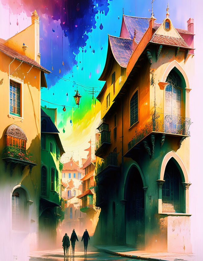 Colorful Street Scene with Whimsical Buildings and Silhouettes