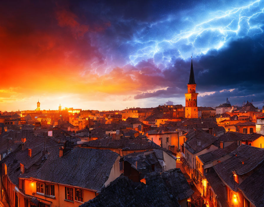 Dramatic sunset cityscape with lightning bolt and historical tower