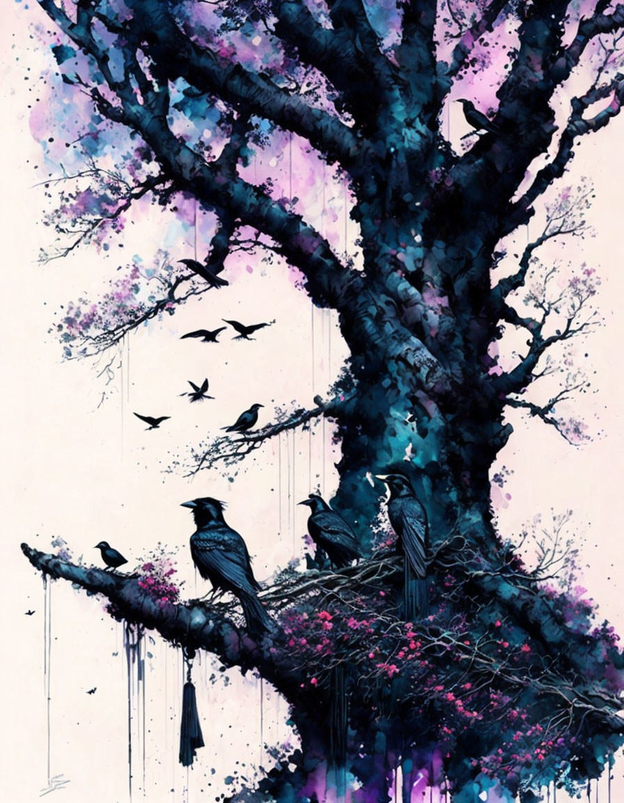 Stylized artwork of large tree in purple and black hues with birds, set against colorful splattered