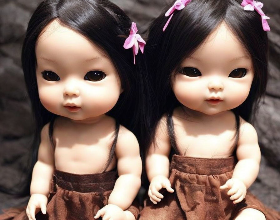 Identical dolls in matching brown dresses and pink hair bows