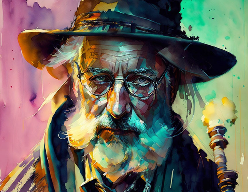 Vibrant watercolor portrait of elderly man with beard, glasses, and hat on abstract backdrop