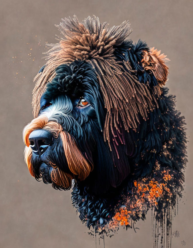 Colorful fur textures on soulful dog against neutral backdrop