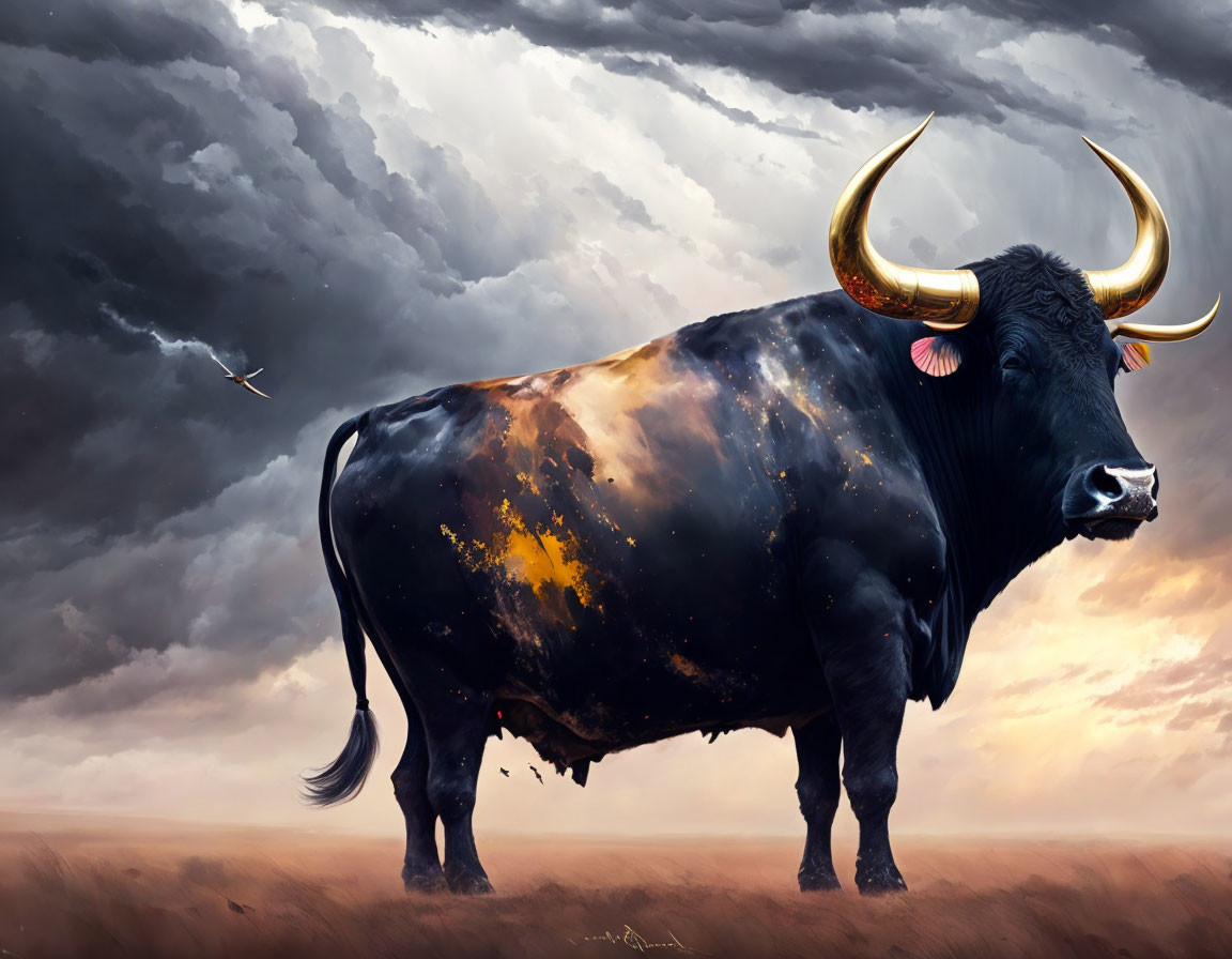 Majestic cosmic bull with star-filled body and golden-tipped horns under stormy sky