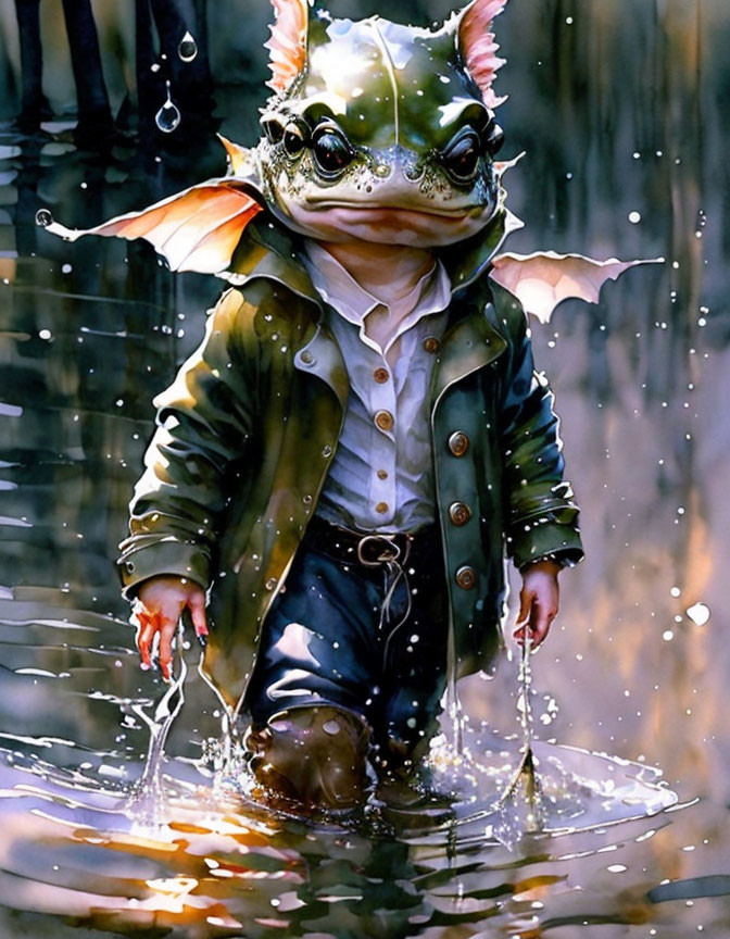 Stylish anthropomorphic frog in coat stands in rain with reflections