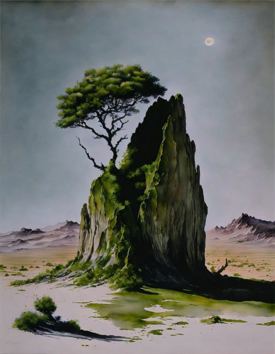 Lone tree on mossy rock with moon in pale sky