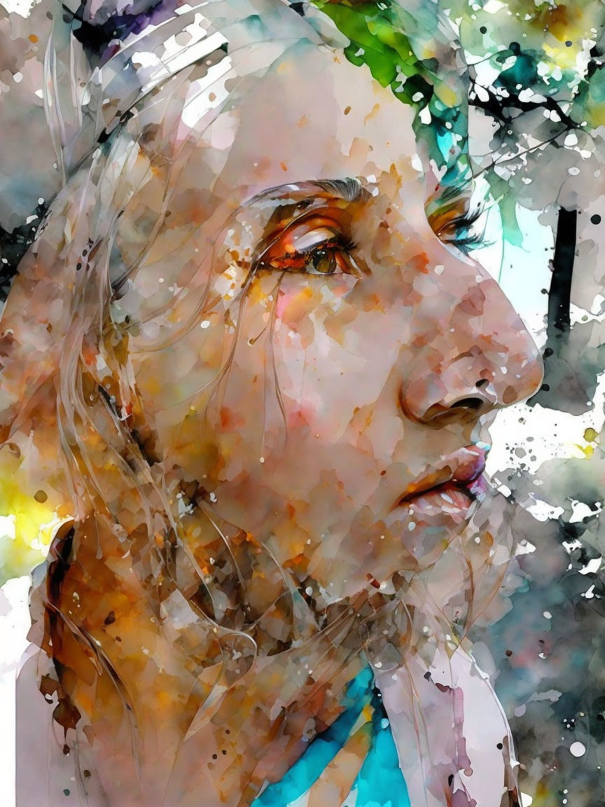 Colorful watercolor painting of a woman in profile with splashes and drips.