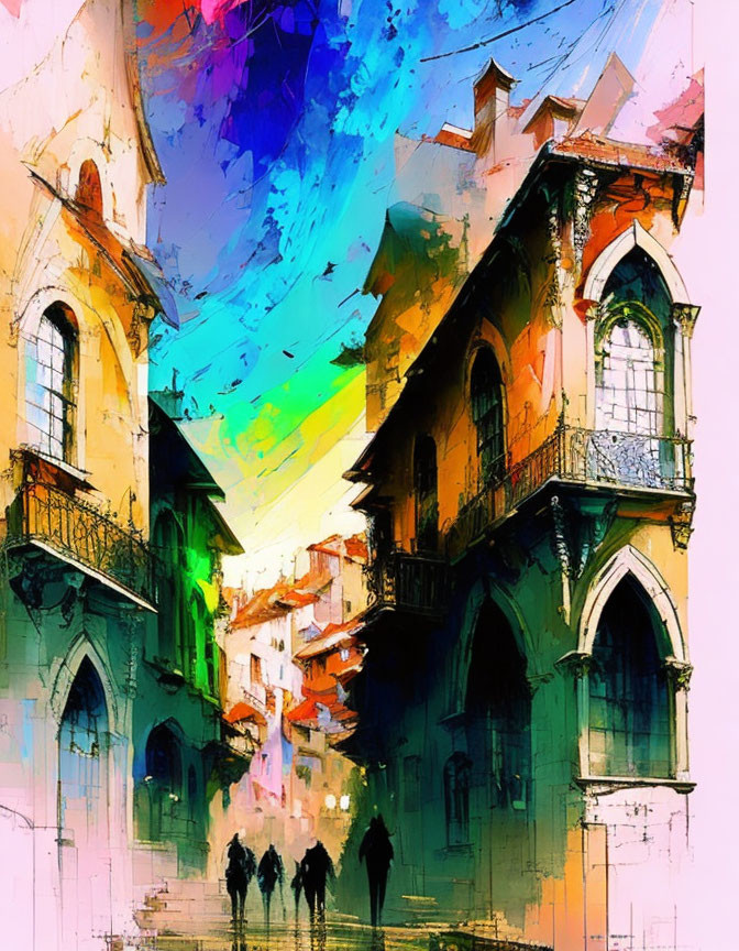 Abstract painting: Colorful street scene with classical buildings and silhouetted figures