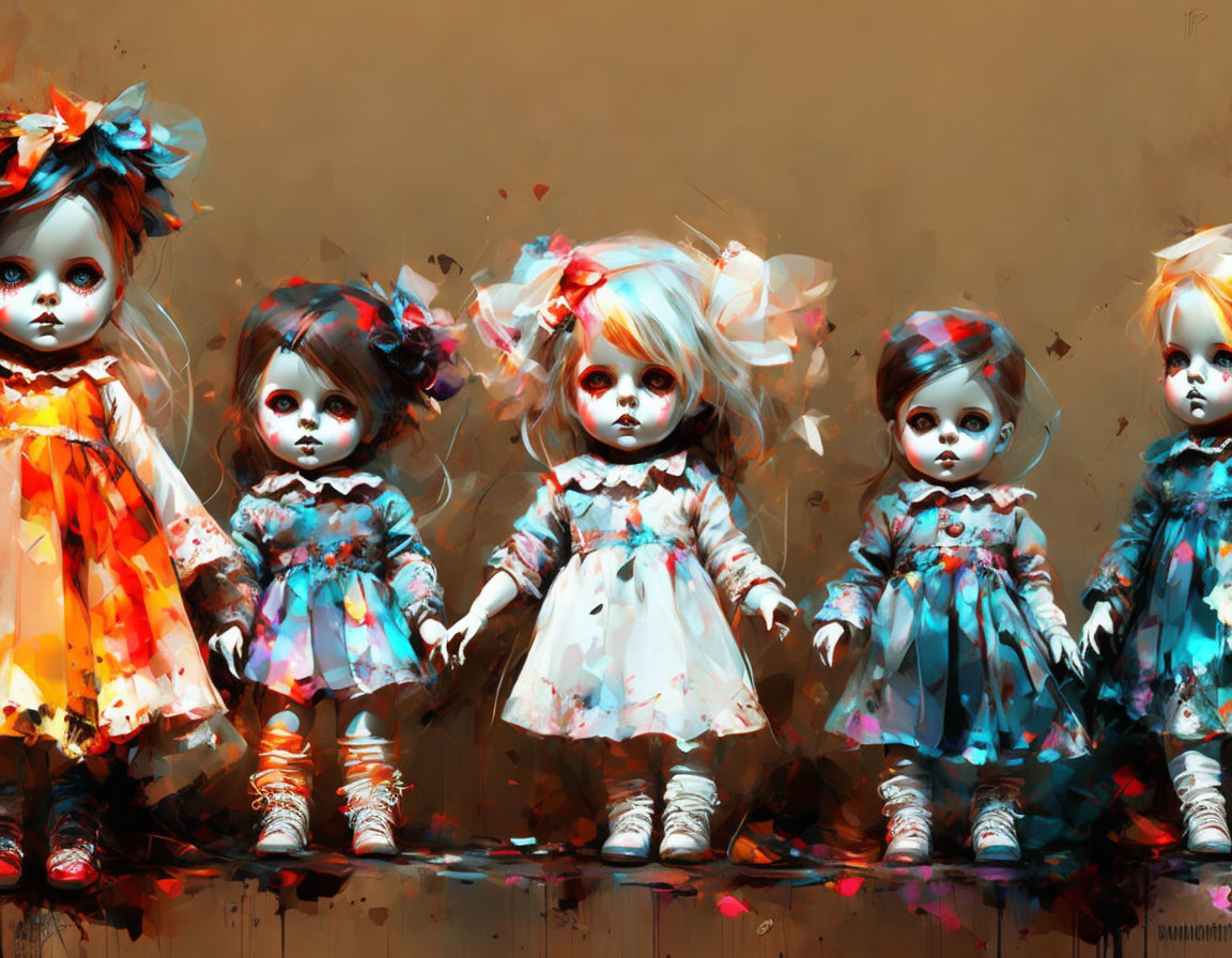 Vintage-style dolls in floral dresses on grunge background