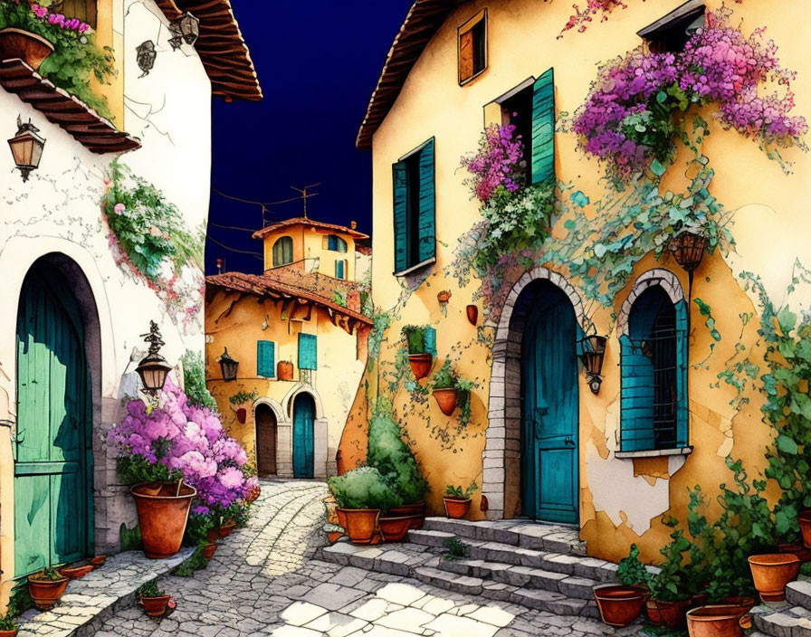 Colorful houses on charming cobblestone street with vibrant flora under clear blue sky