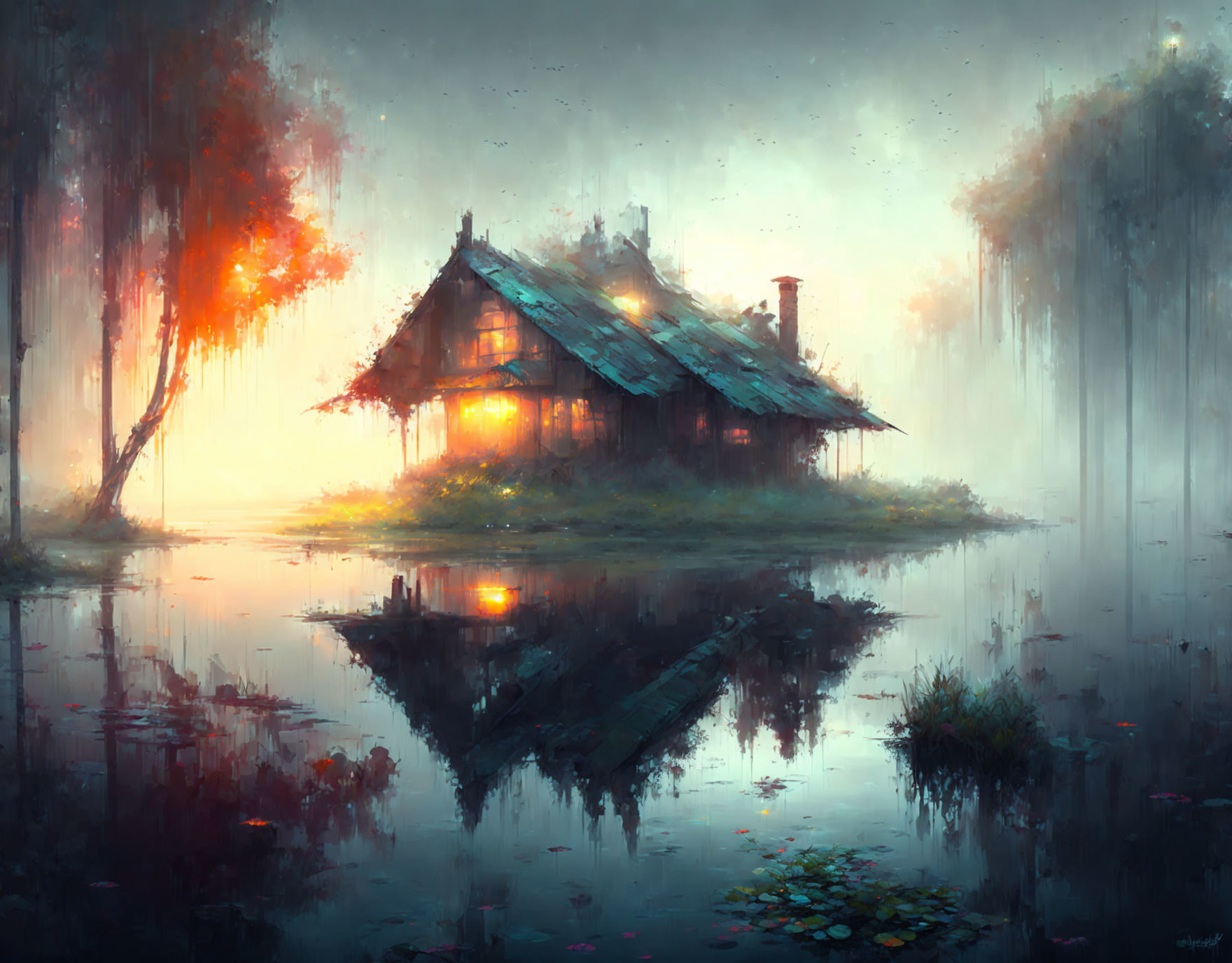 Tranquil painting of cabin on misty lake with autumn foliage reflected