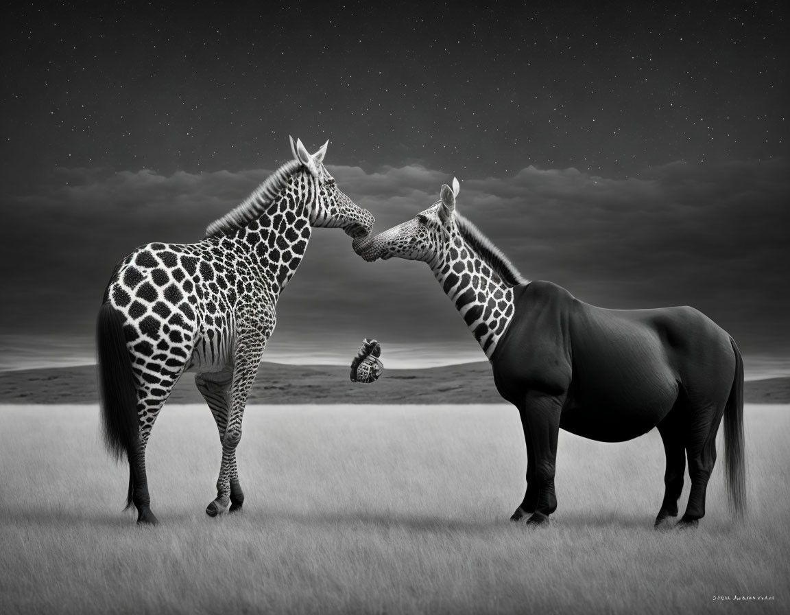 Surreal black and white animal mashup under starry sky