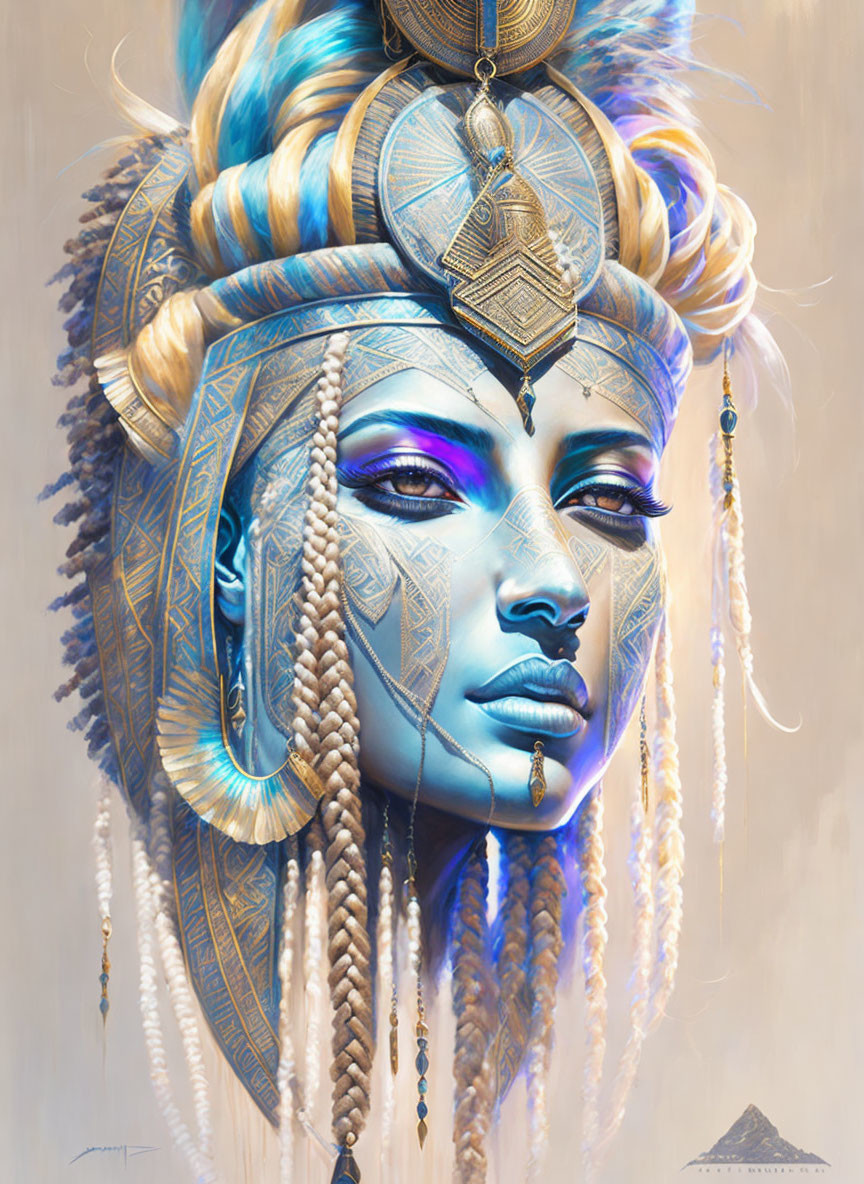 Stylized digital artwork of a woman with blue skin and ornate gold accessories