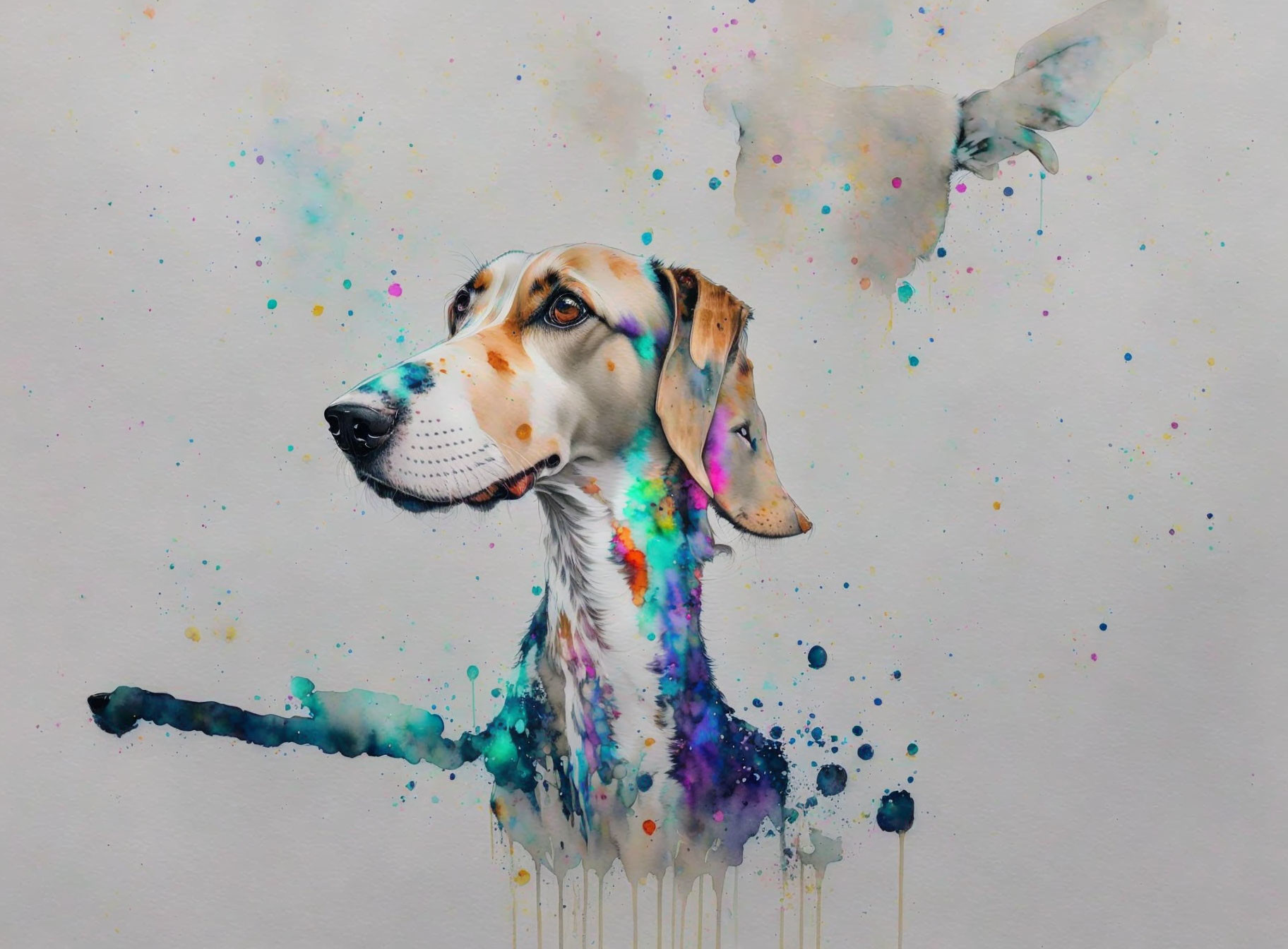 Colorful watercolor painting of a beagle with ink splatters on neutral backdrop