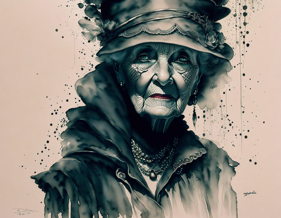 Elderly woman illustration with expressive eyes, vintage attire, and ink splatters.