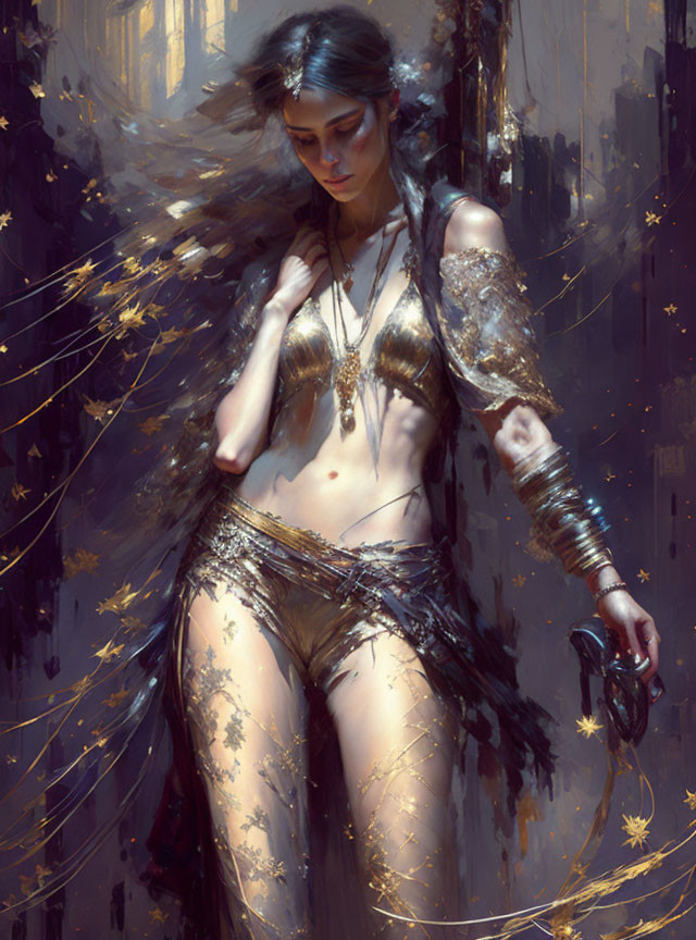 Golden-armored warrior woman in mystical setting.