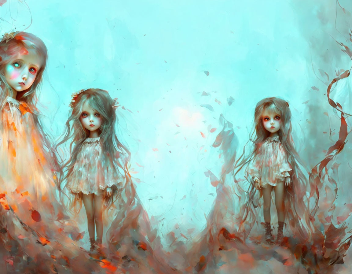 Ethereal doll-like figures in misty dreamlike landscape