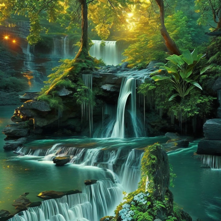 Tranquil waterfall in lush green forest