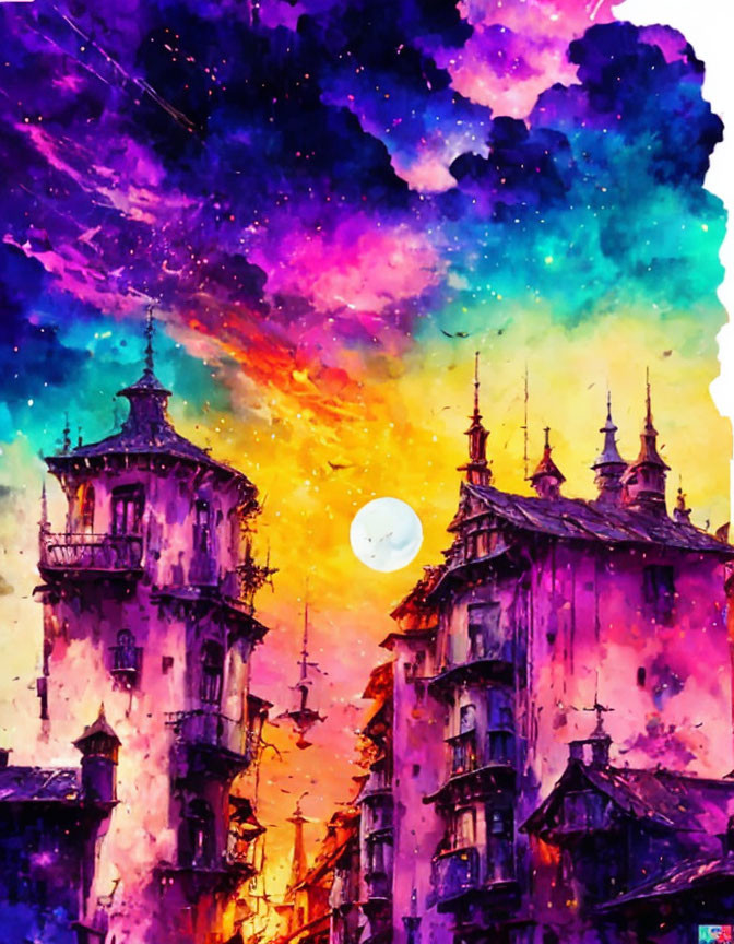 Gothic towers in watercolor with vibrant sky and full moon