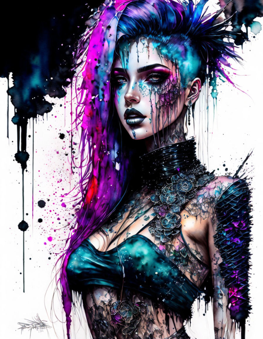 Colorful portrait of a woman with multicolored hair, dark makeup, and ornate tattoos in