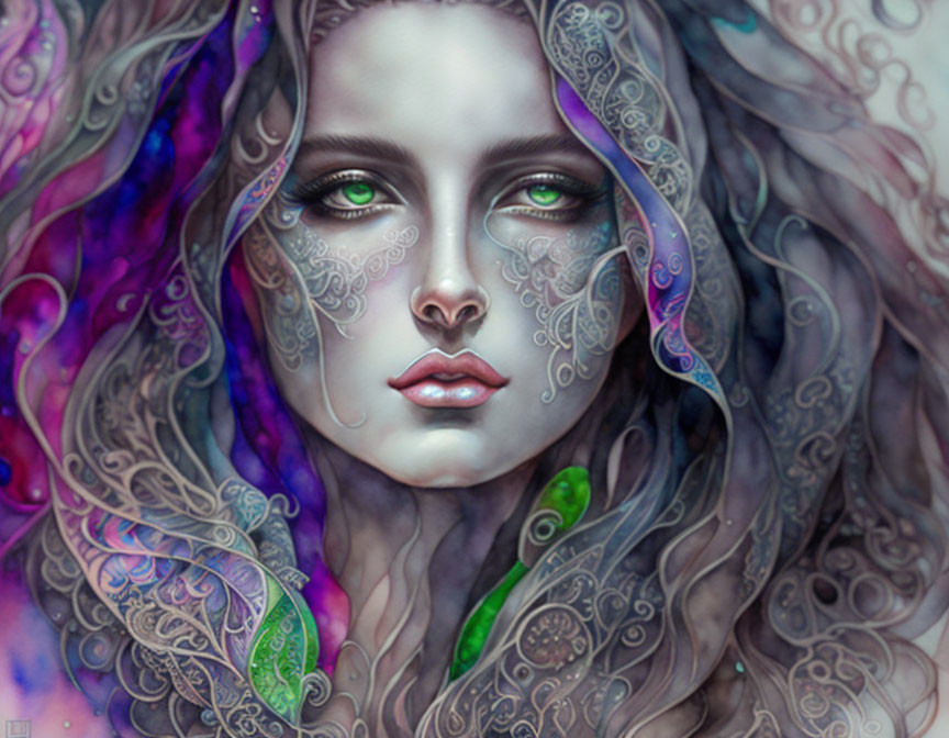 Ethereal woman with ornate patterns and colorful hair in whimsical setting