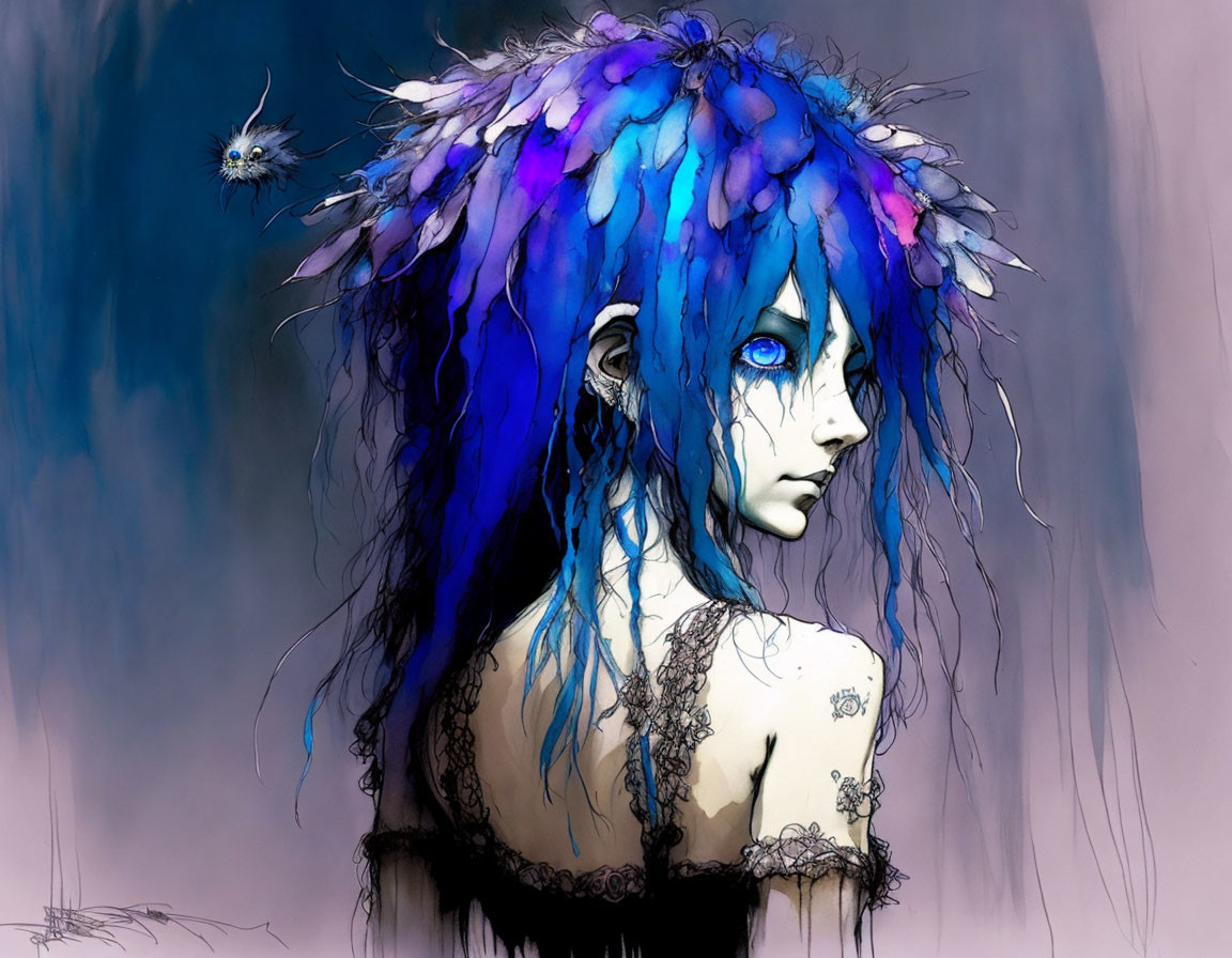 Character with vibrant blue and purple hair, floral accents, intense gaze