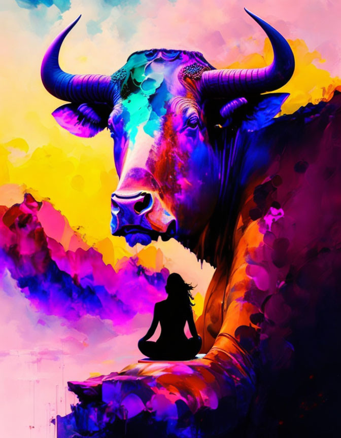 Colorful Bull with Human Silhouette on Horn in Vibrant Digital Art