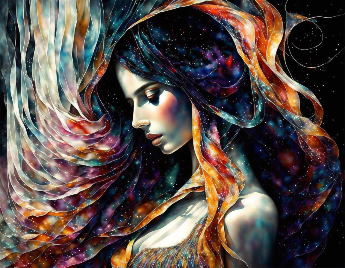 Vibrant cosmic artwork of a woman with galaxy hair and colorful patterns