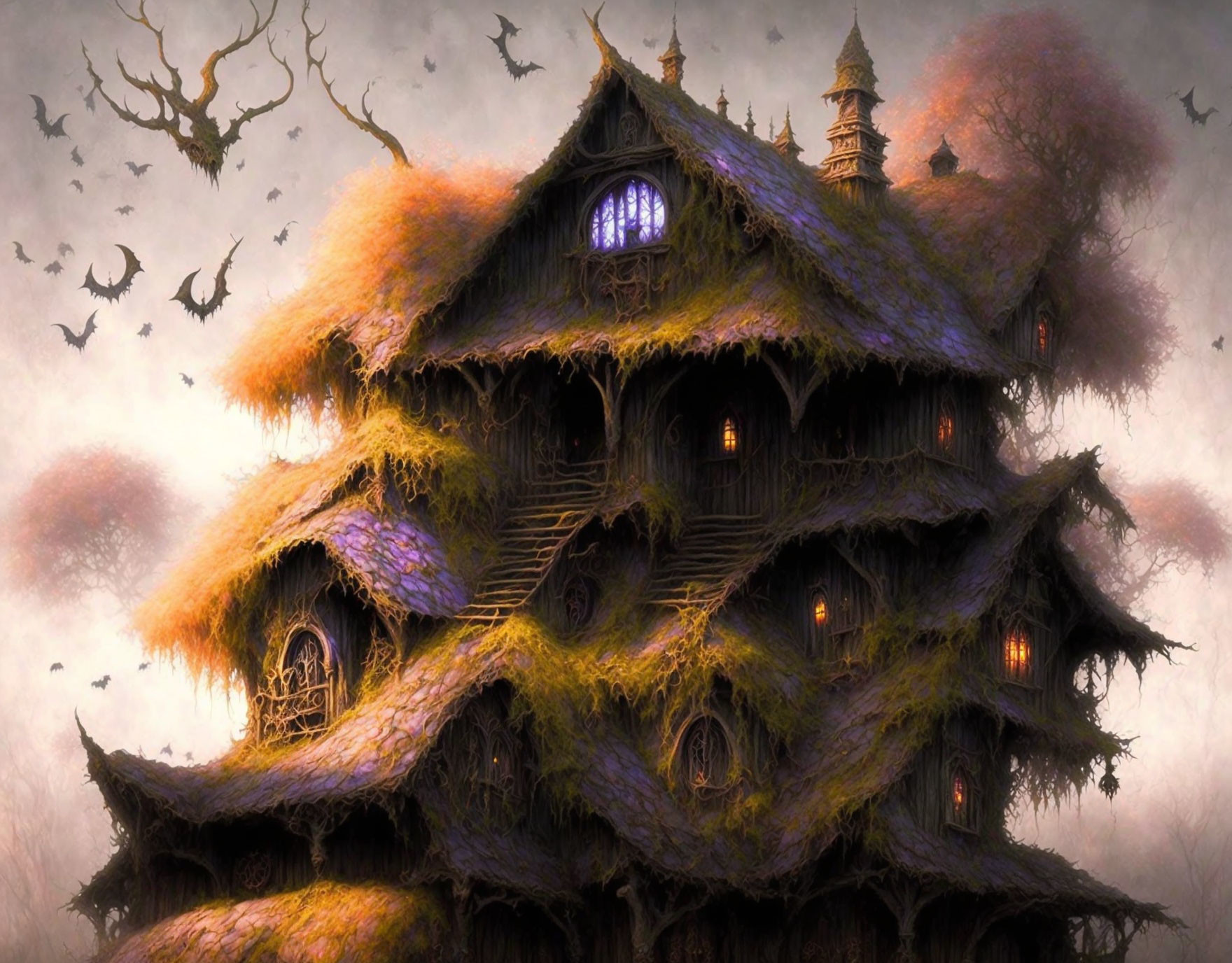 Spooky multi-story haunted house with moss-covered walls and flying bats