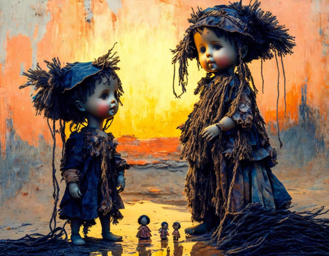 Two large dolls and three miniature figures on orange textured backdrop.