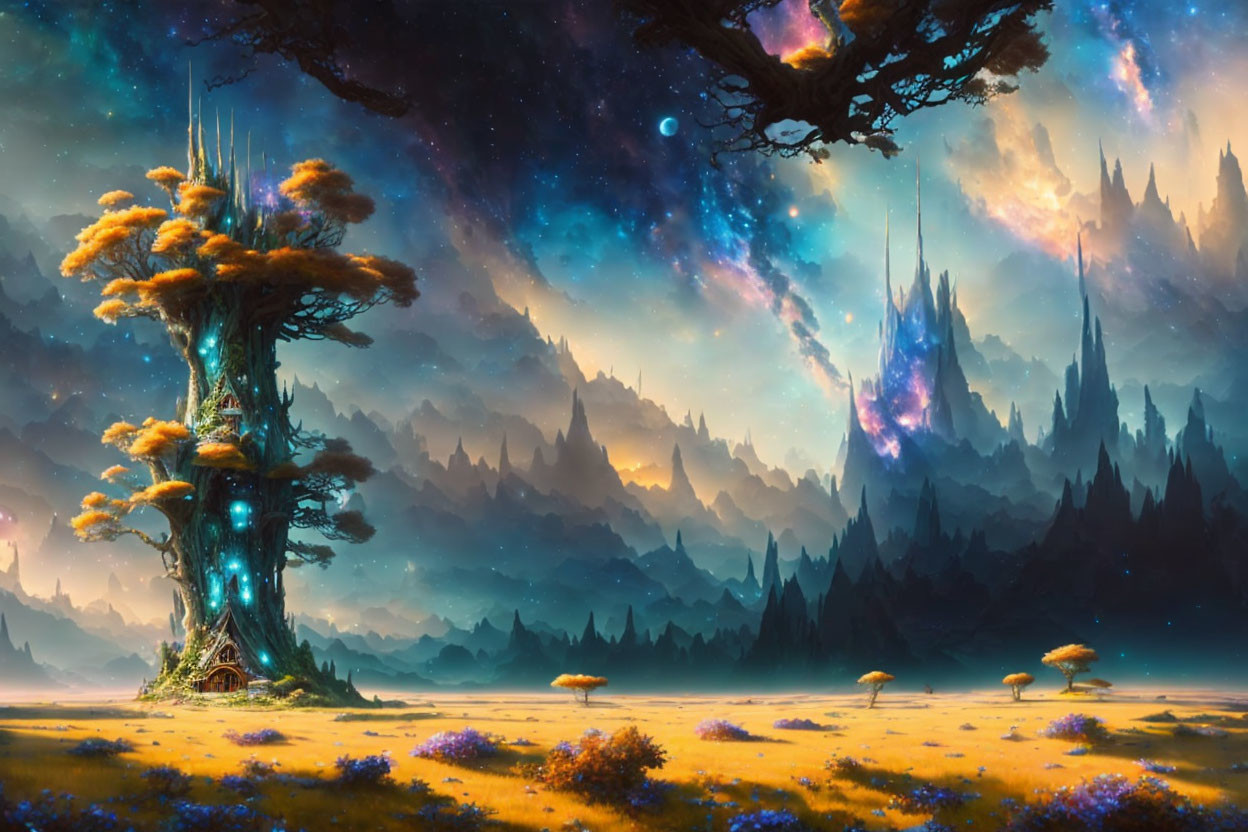 Gigantic glowing tree in mystical landscape with starry sky and purple flowers