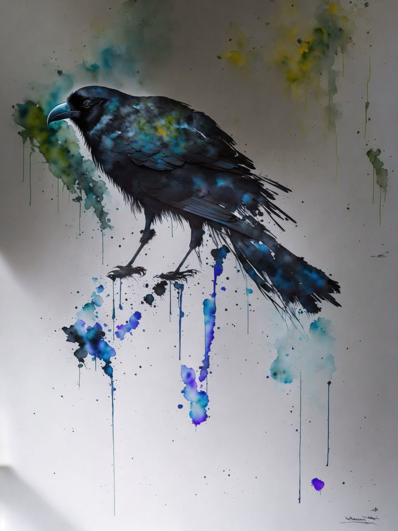 Abstract Crow Painting with Blue and Black Splatters