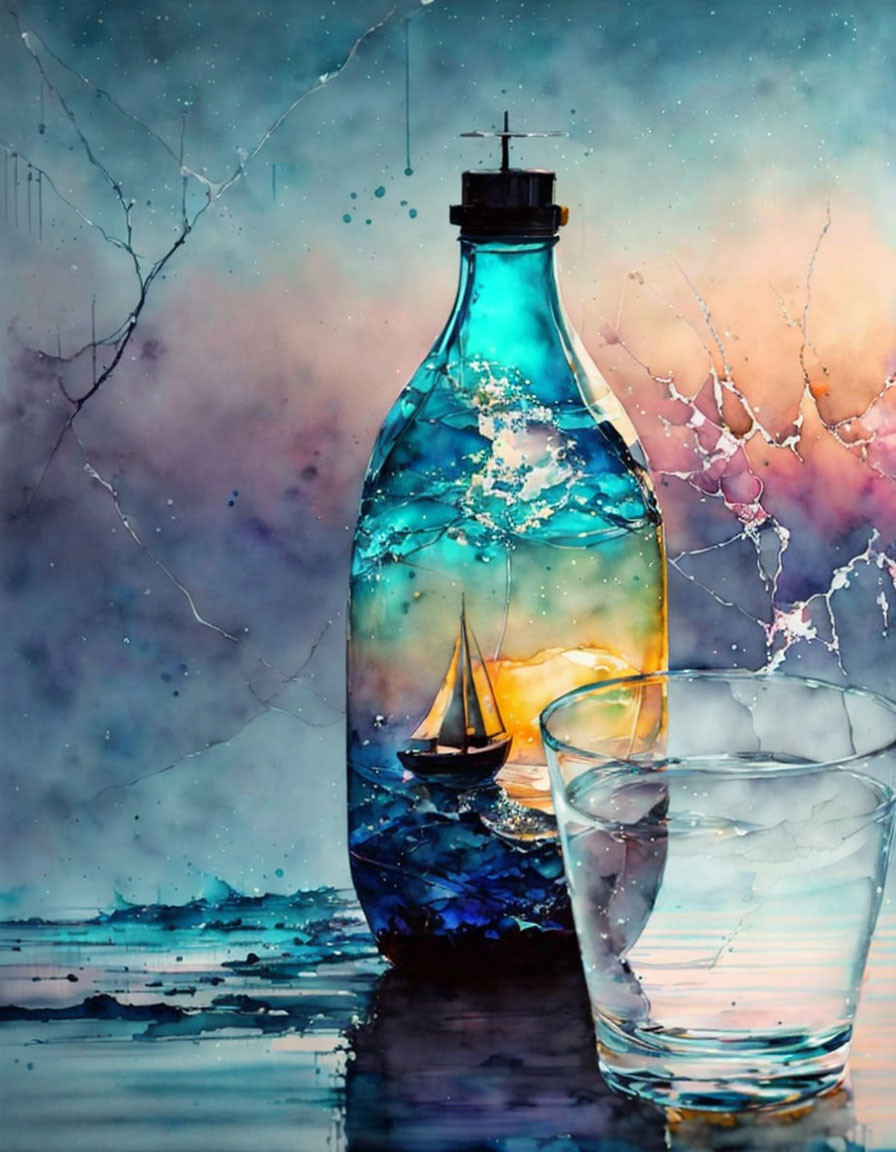 Watercolor painting of bottle, seascape, sailboat, glass on reflective surface