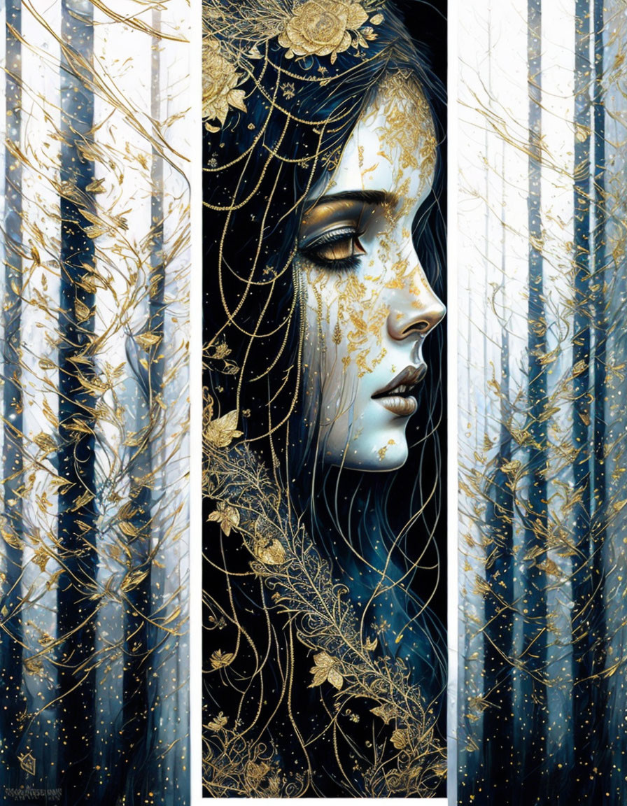 Triptych Illustration: Blue-skinned woman with gold details in mystical setting