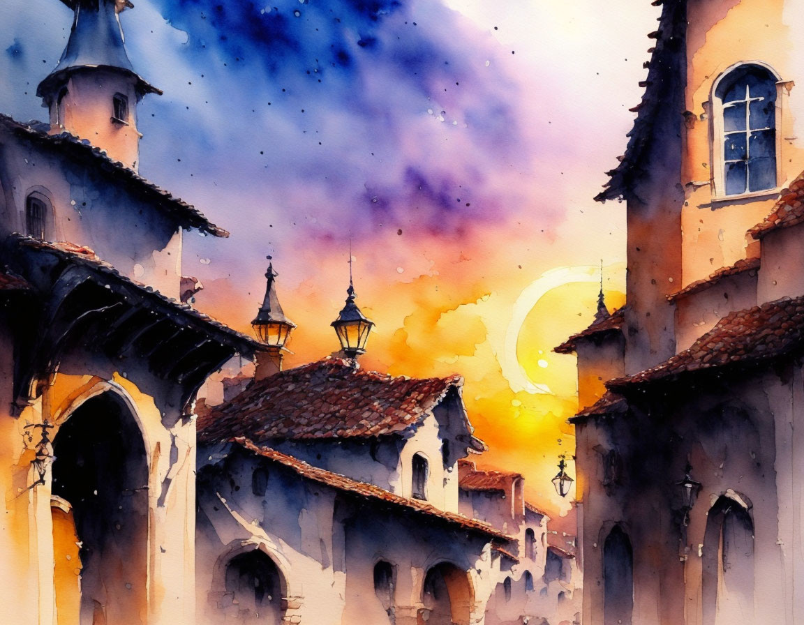 Idyllic village watercolor painting at sunset