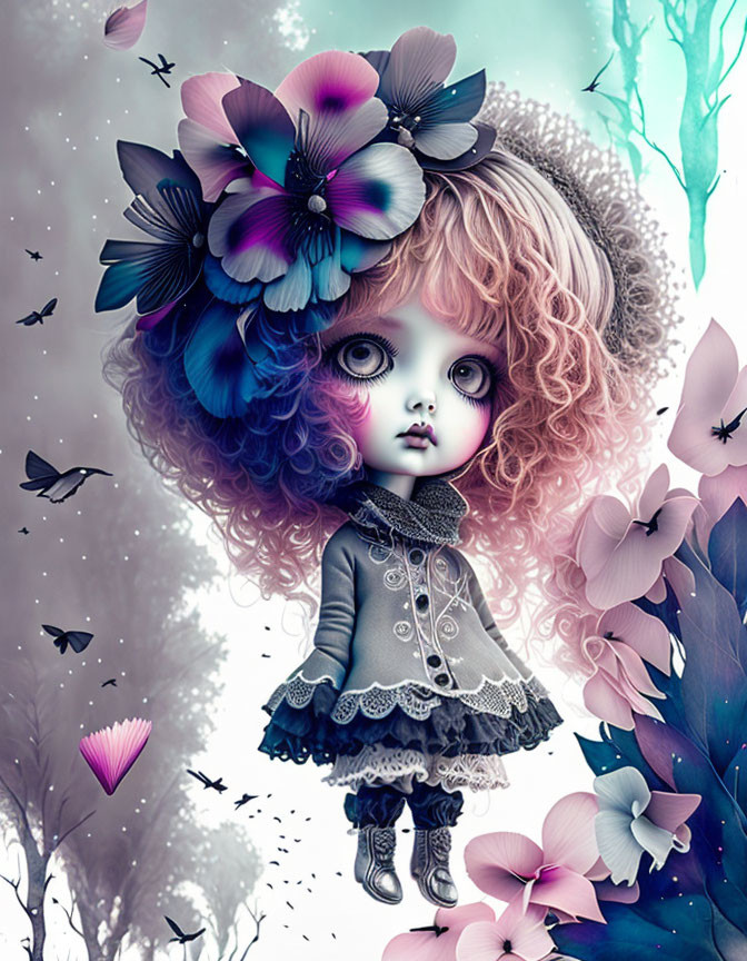 Colorful doll with big eyes and pink hair in misty setting surrounded by butterflies