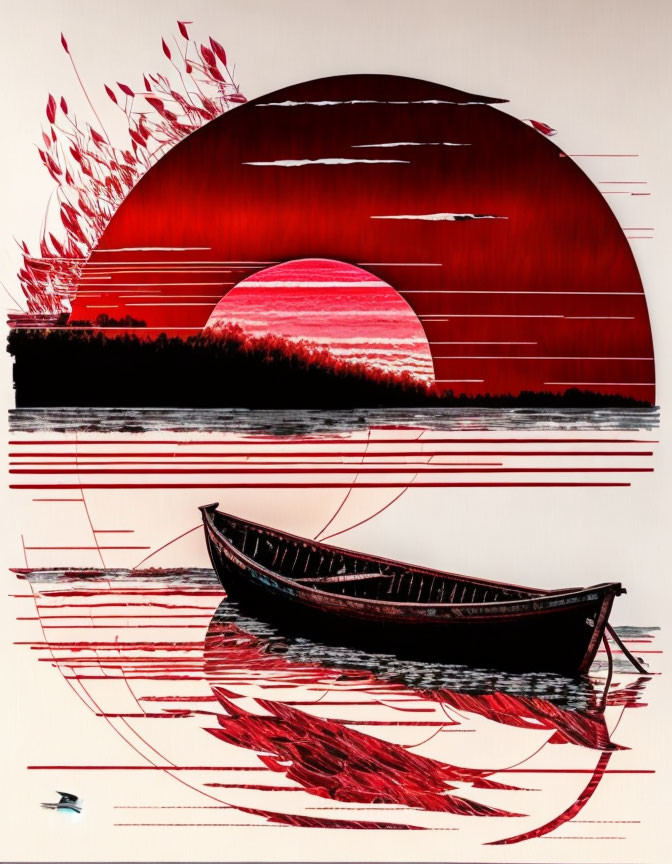 Boat on water with red sunset in semi-abstract style