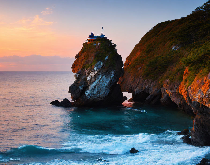 Traditional temple on steep cliff overlooking serene ocean at sunset