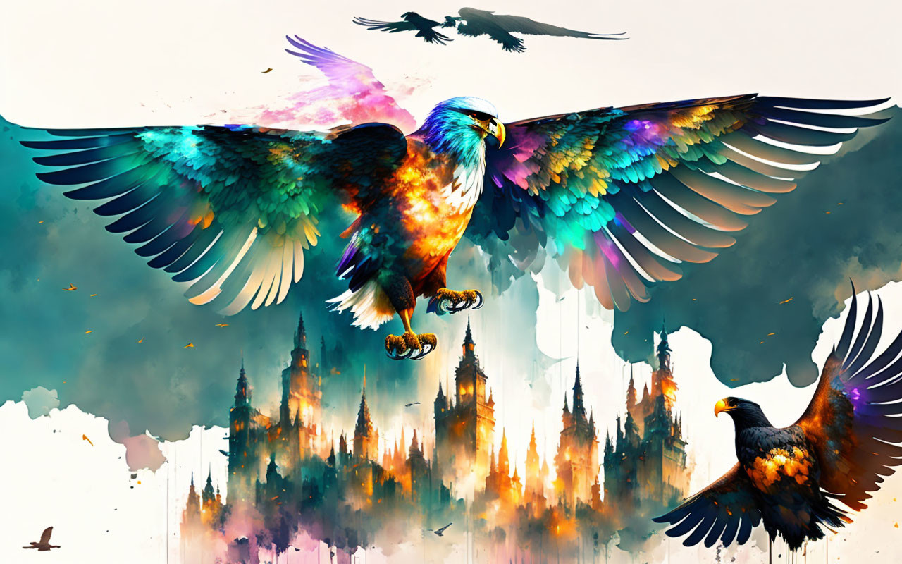 Vibrant digital artwork of soaring eagles above fiery landscape