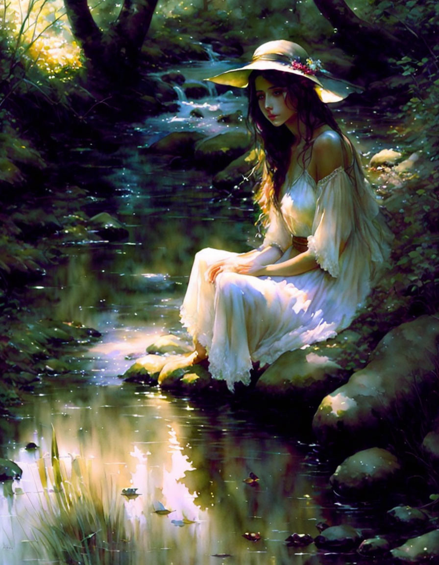 Woman in white dress and hat by forest stream in dappled sunlight