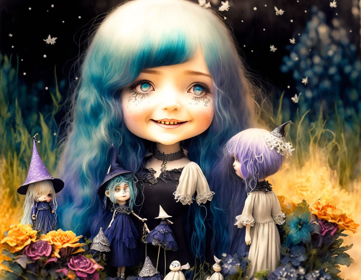 Colorful illustration of girl with blue hair among whimsical dolls and golden flowers.