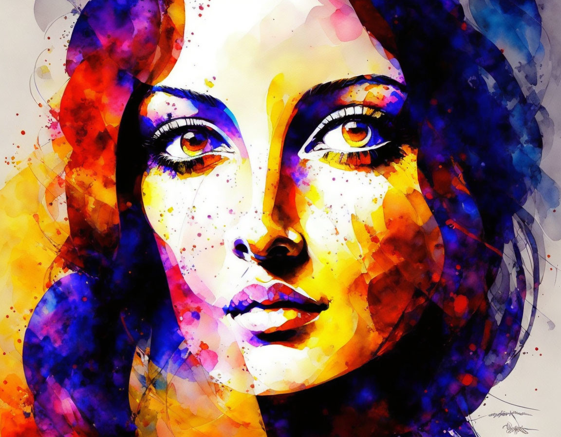 Colorful watercolor portrait of woman with intense eyes in vibrant hues