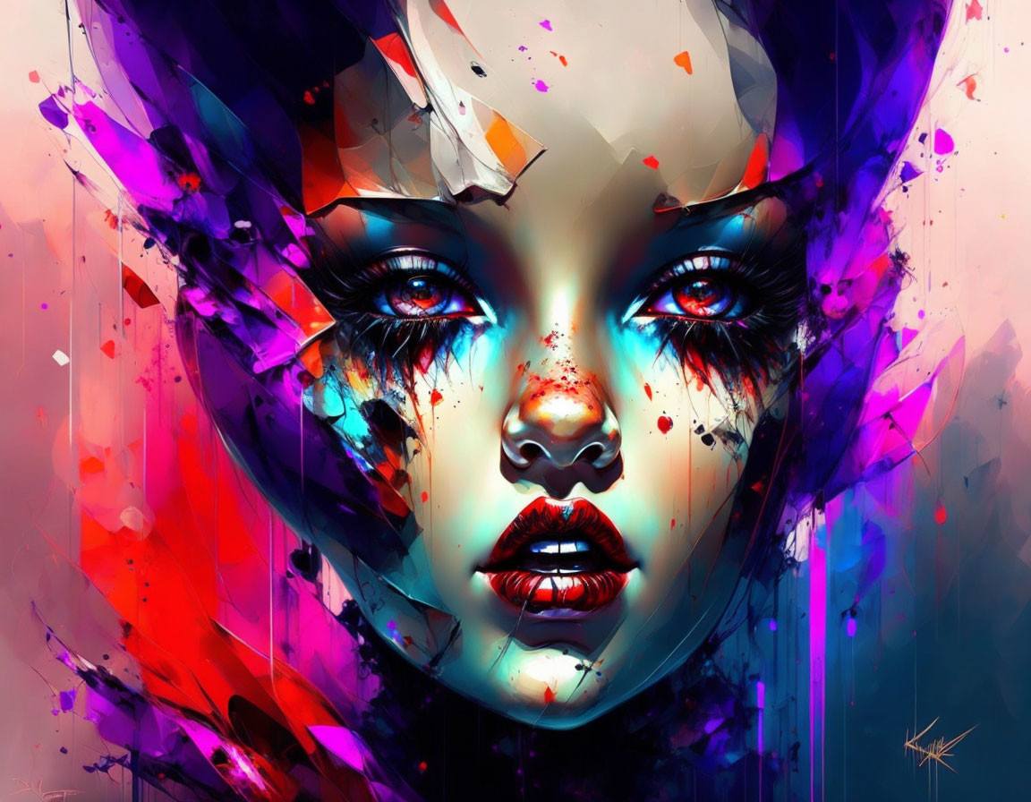 Vivid digital artwork: Woman's face with intense eyes, abstract blue and red splashes.