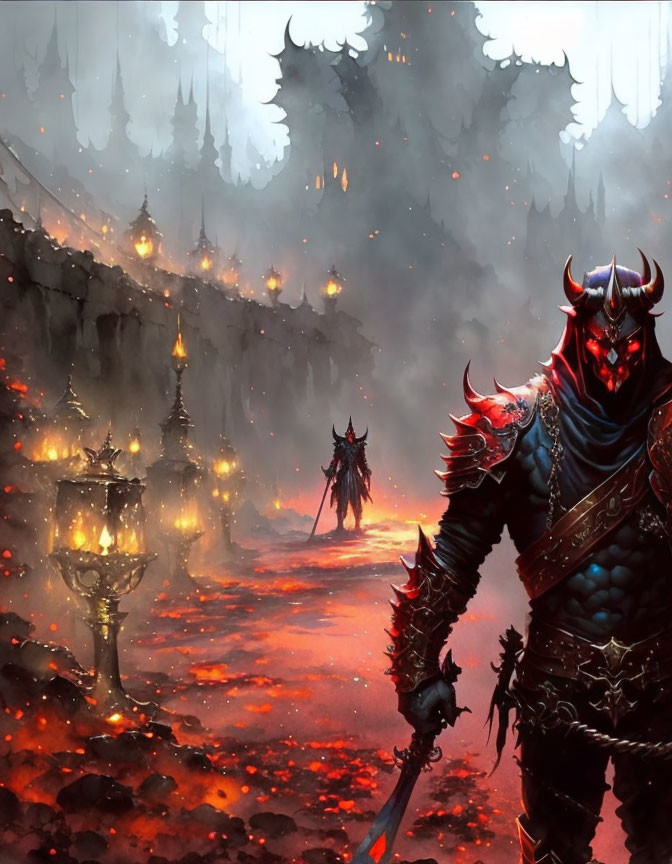 Armored demonic figures in fiery hellscape with ominous castle