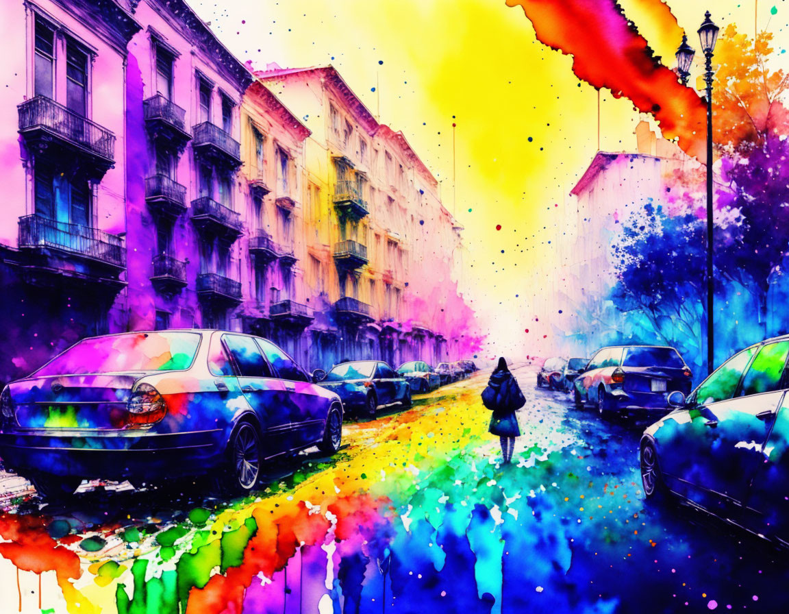 Colorful Street Scene with Solitary Figure and Psychedelic Sky